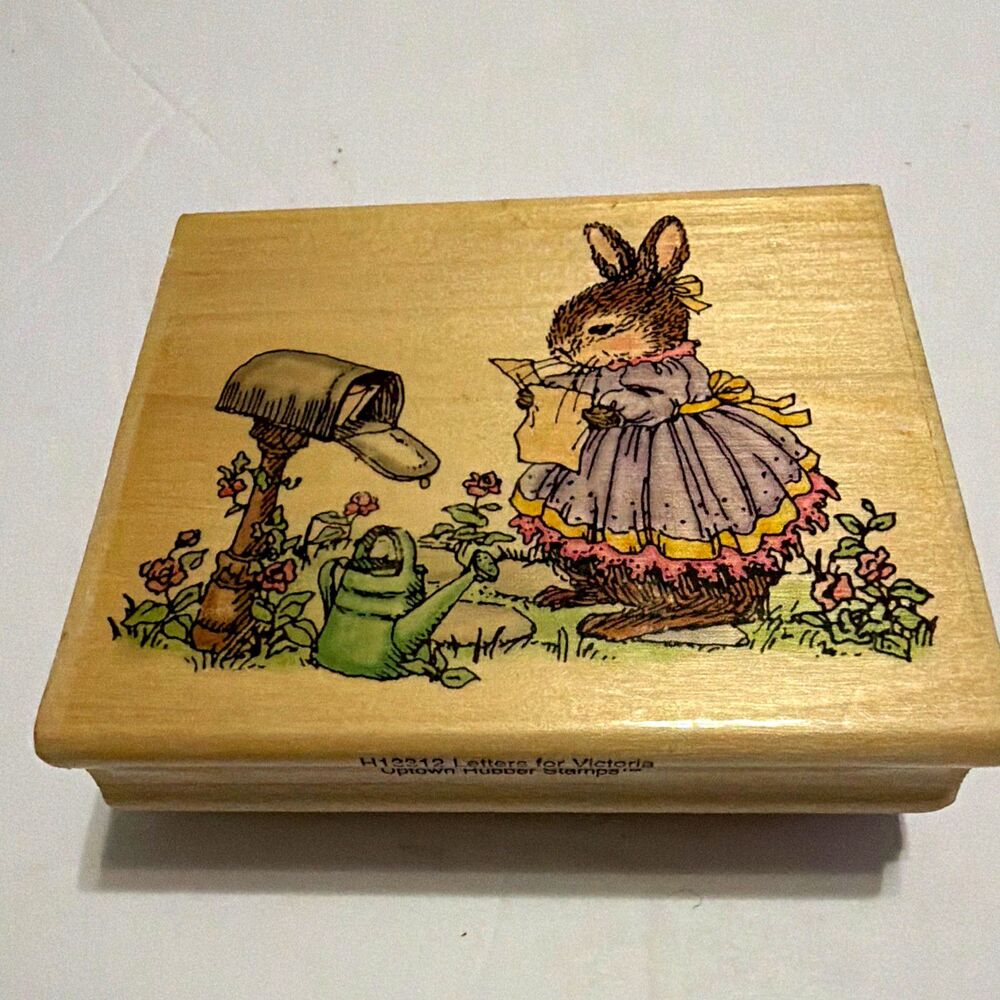 Vintage wood rubber stamp "Watering the Garden" Holly Pond Hill, Susan Wheeler